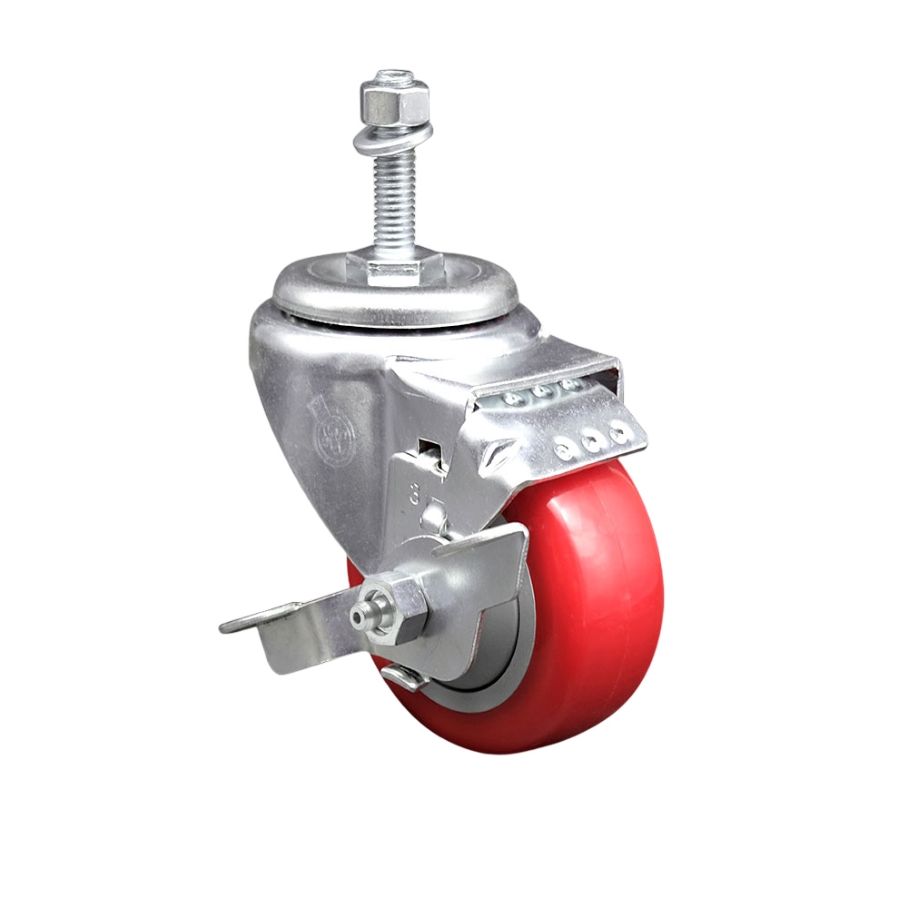 Stainless Steel Polyurethane Swivel Threaded Stem Caster with 3.5 x 1.25 in. Red Wheel & 10 mm Stem & Top Locking Brake