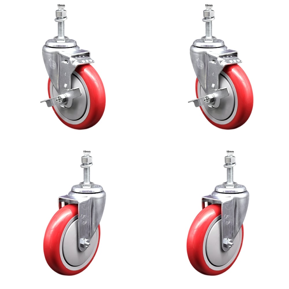 Stainless Steel Polyurethane Swivel Threaded Stem Caster with 5 x 1.25 in. Red Wheels & 10 mm Stems - Set of 4