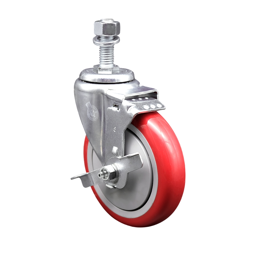 Stainless Steel Polyurethane Swivel Threaded Stem Caster with 5 x 1.25 in. Red Wheel & 12 mm Stem & Top Locking Brake