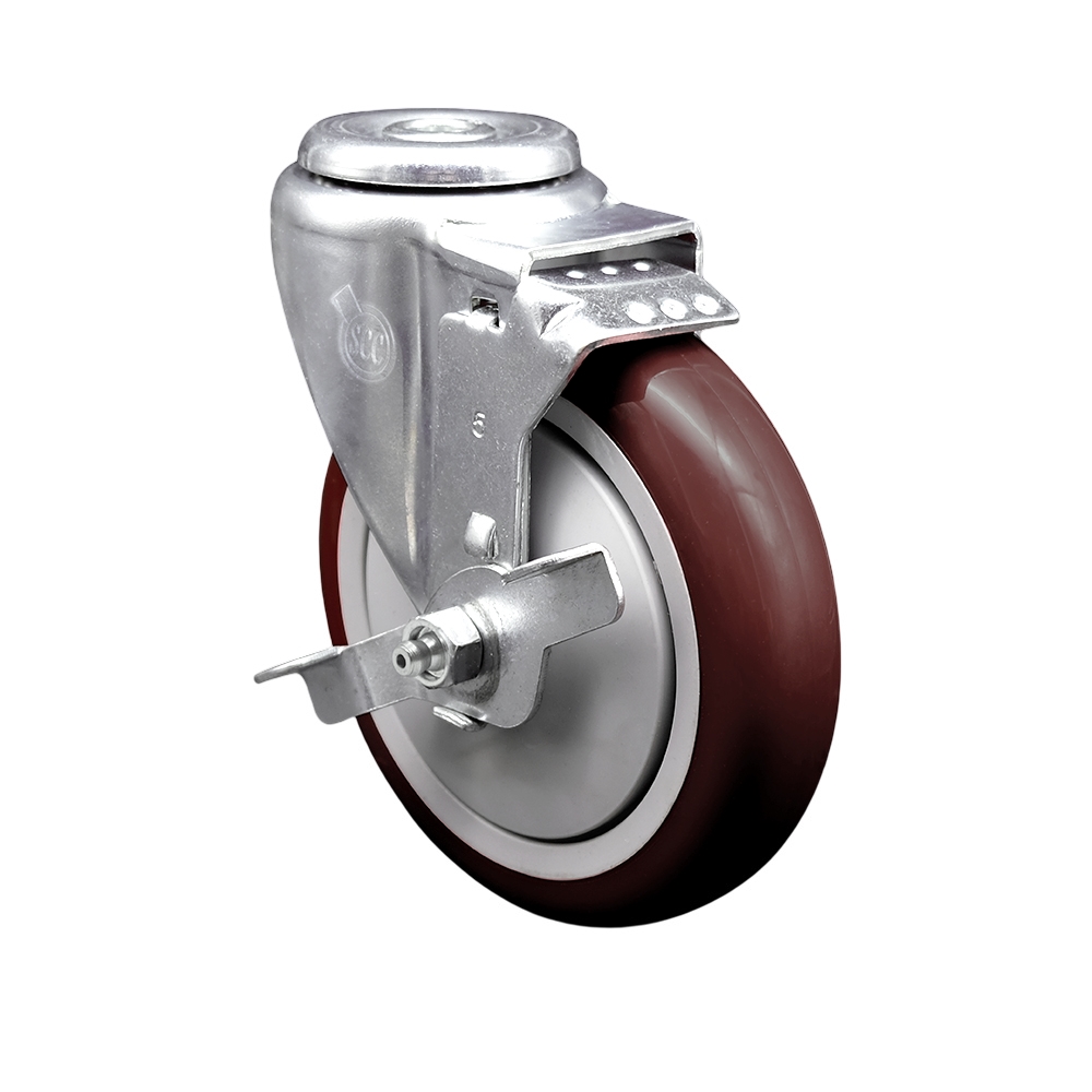 SCC-SSBH20S514-PPUB-MRN-TLB Stainless Steel Polyurethane Swivel Bolt Hole Caster with 5 x 1.25 in. Maroon Wheel & Top Locking Brake