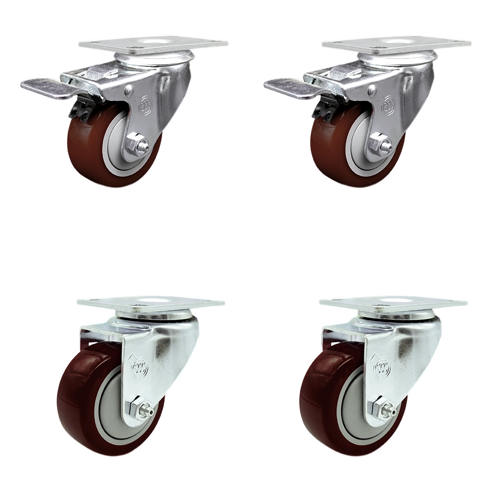SCC-TTL20S314-PPUB-MRN-2-S-2 Polyurethane Swivel Top Plate Caster with 3 in. Maroon Wheels - Set of 4