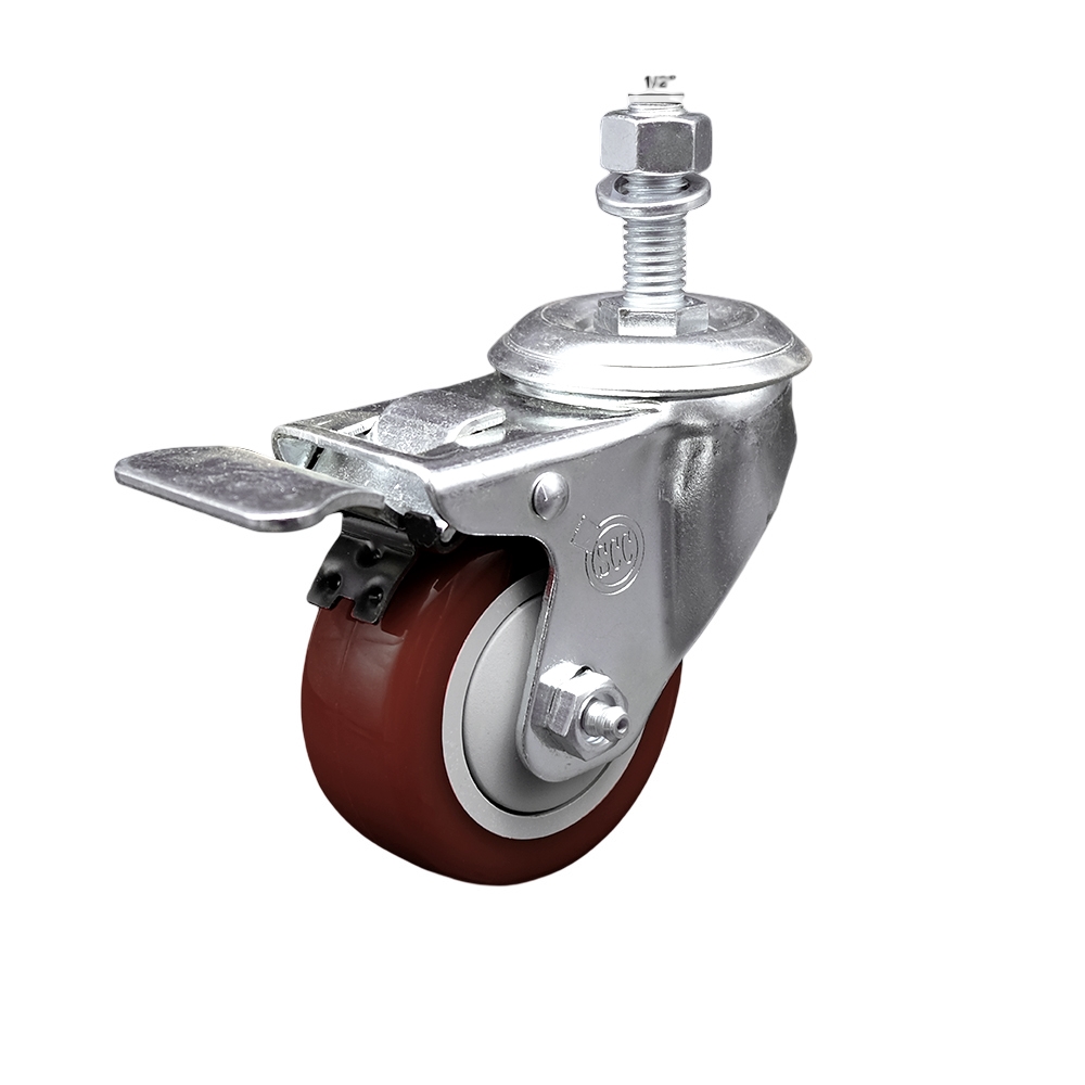 Stainless Steel Polyurethane Swivel Threaded Stem Caster with 3 x 1.25 in. Maroon Wheel & 0.5 in. Stem & Total Locking Brake