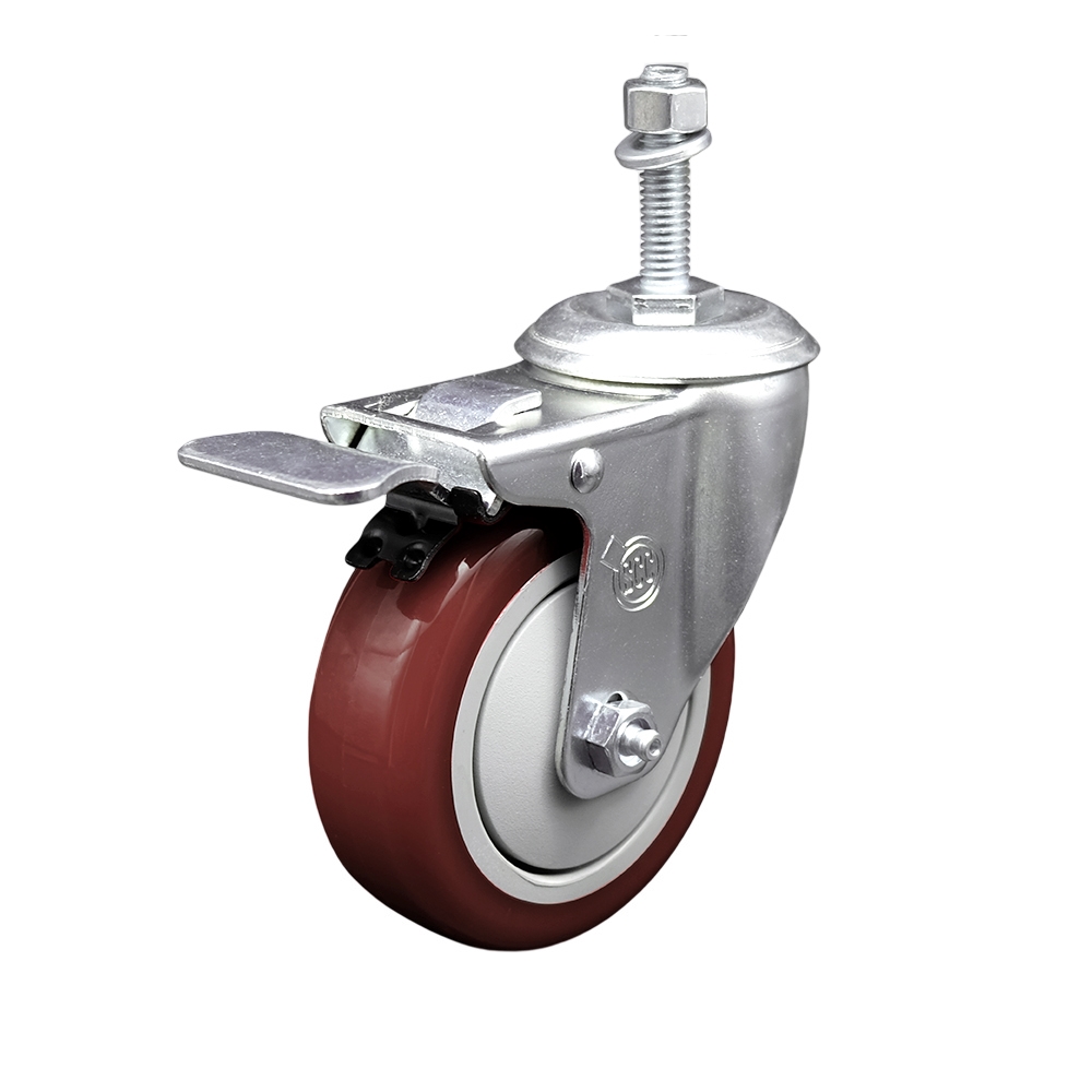 Stainless Steel Polyurethane Swivel Threaded Stem Caster with 4 x 1.25 in. Maroon Wheel & 0.38 in. Stem & Total Locking Brake