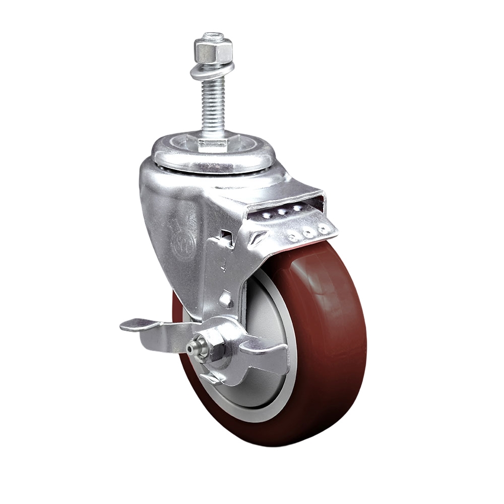 Stainless Steel Polyurethane Swivel Threaded Stem Caster with 4 x 1.25 in. Maroon Wheel & 10 mm Stem & Top Locking Brake