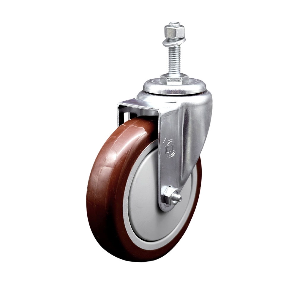 SCC-SSTS20S514-PPUB-MRN-M1015 Stainless Steel Polyurethane Swivel Threaded Stem Caster with 5 x 1.25 in. Maroon Wheel & 10 mm Stem