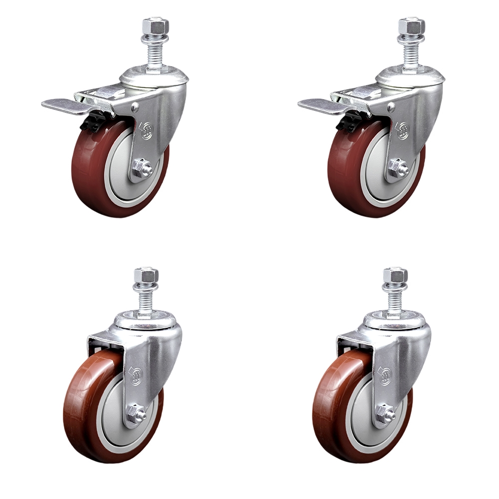 SCC-TSTTL20S414-PPUB-MRN-M1215-2-S-2 Polyurethane Swivel Threaded Stem Caster with 4 x 1.25 in. Maroon Wheels & 12 mm Stems - Set of 4