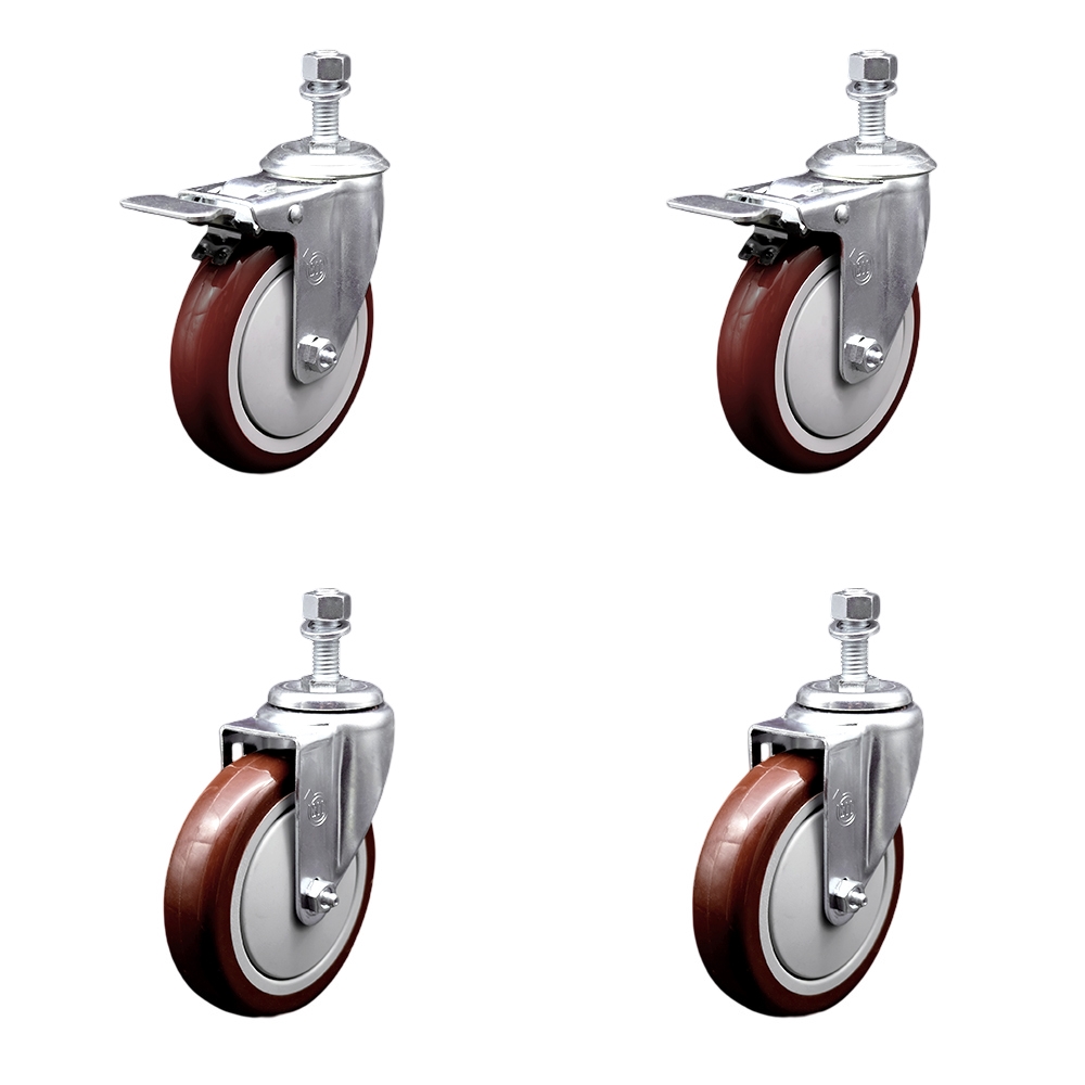 SCC-TSTTL20S514-PPUB-MRN-M1215-2-S-2 Polyurethane Swivel Threaded Stem Caster with 5 x 1.25 in. Maroon Wheels & 12 mm Stems - Set of 4