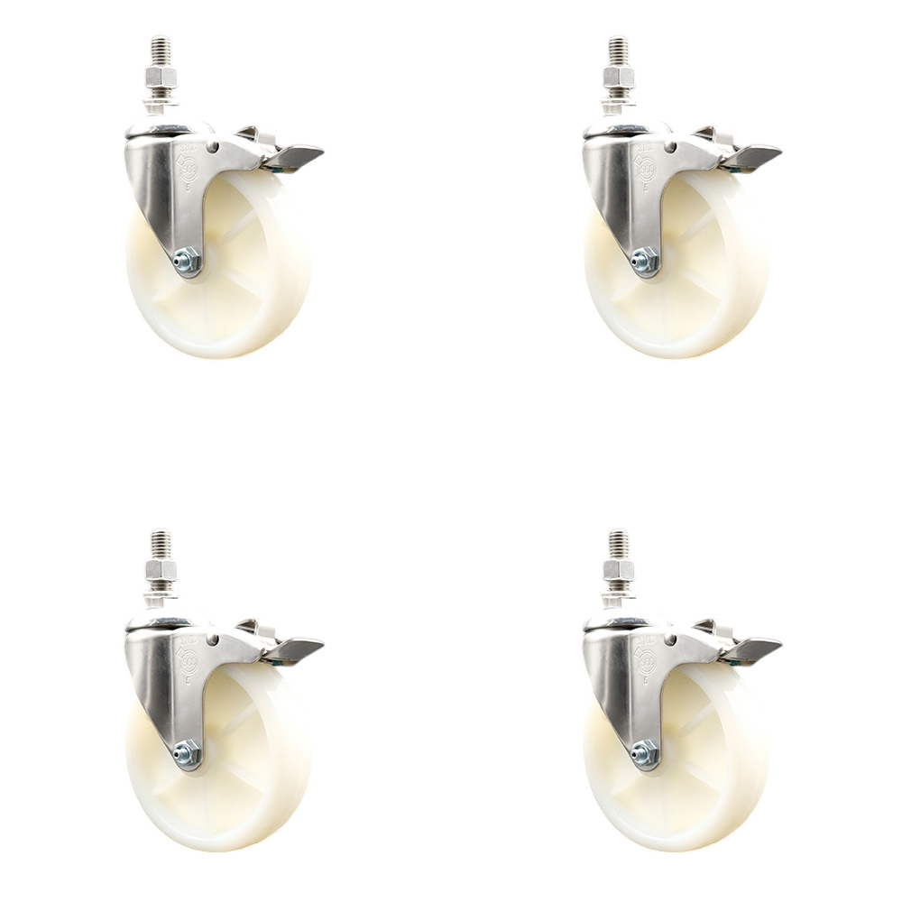 Nylon Swivel Stem Caster with 5 in. Caster Wheels, 0.38 in. Threaded Stems - 316 Stainless Steel Casters - Set of 4