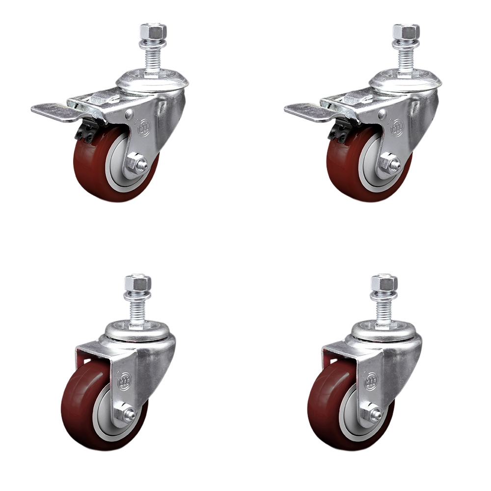Stainless Steel Polyurethane Swivel Threaded Stem Caster with 3.5 x 1.25 in. Maroon Wheels & 12 mm Stems - Set of 4