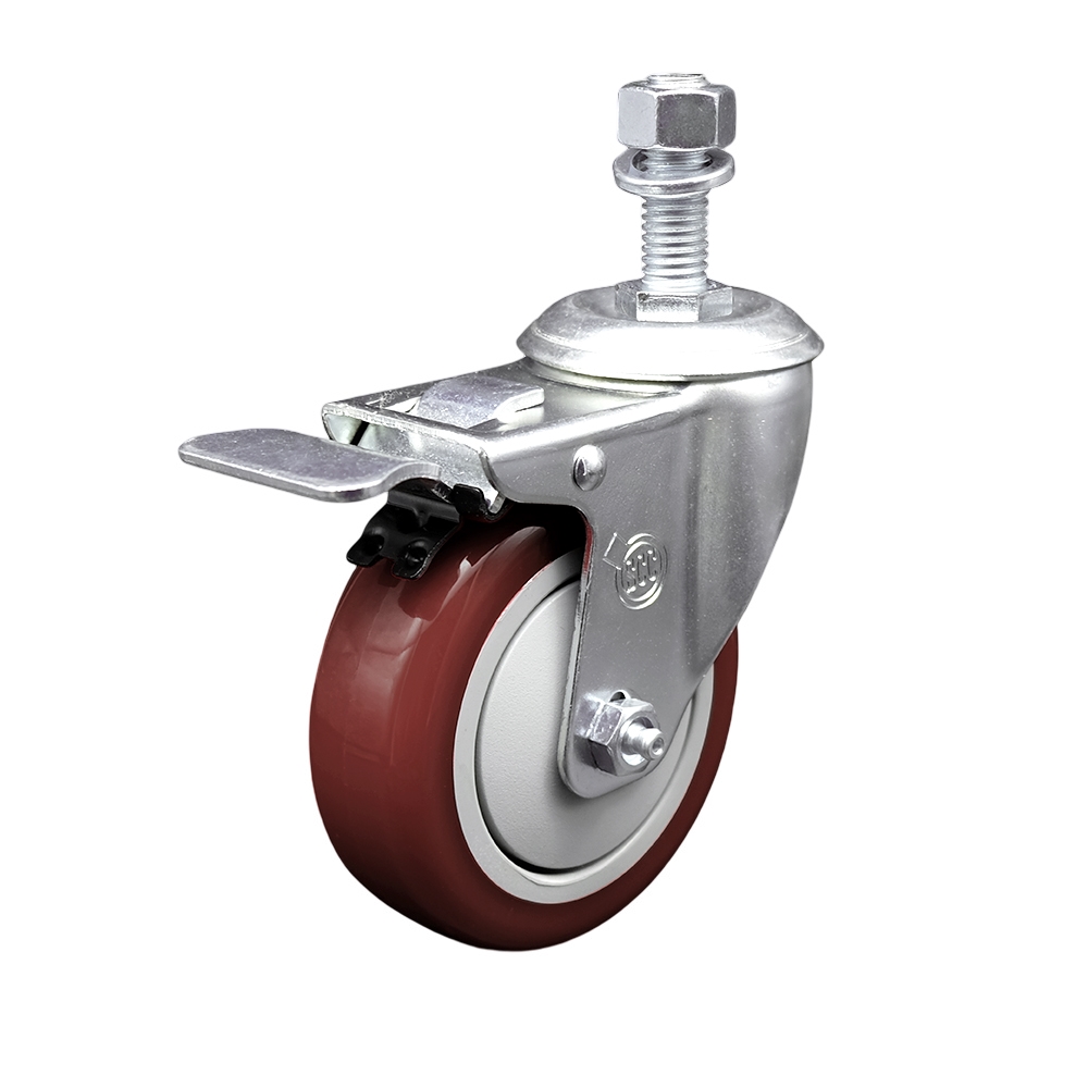 Stainless Steel Polyurethane Swivel Threaded Stem Caster with 4 x 1.25 in. Maroon Wheel & 12 mm Stem & Total Locking Brake