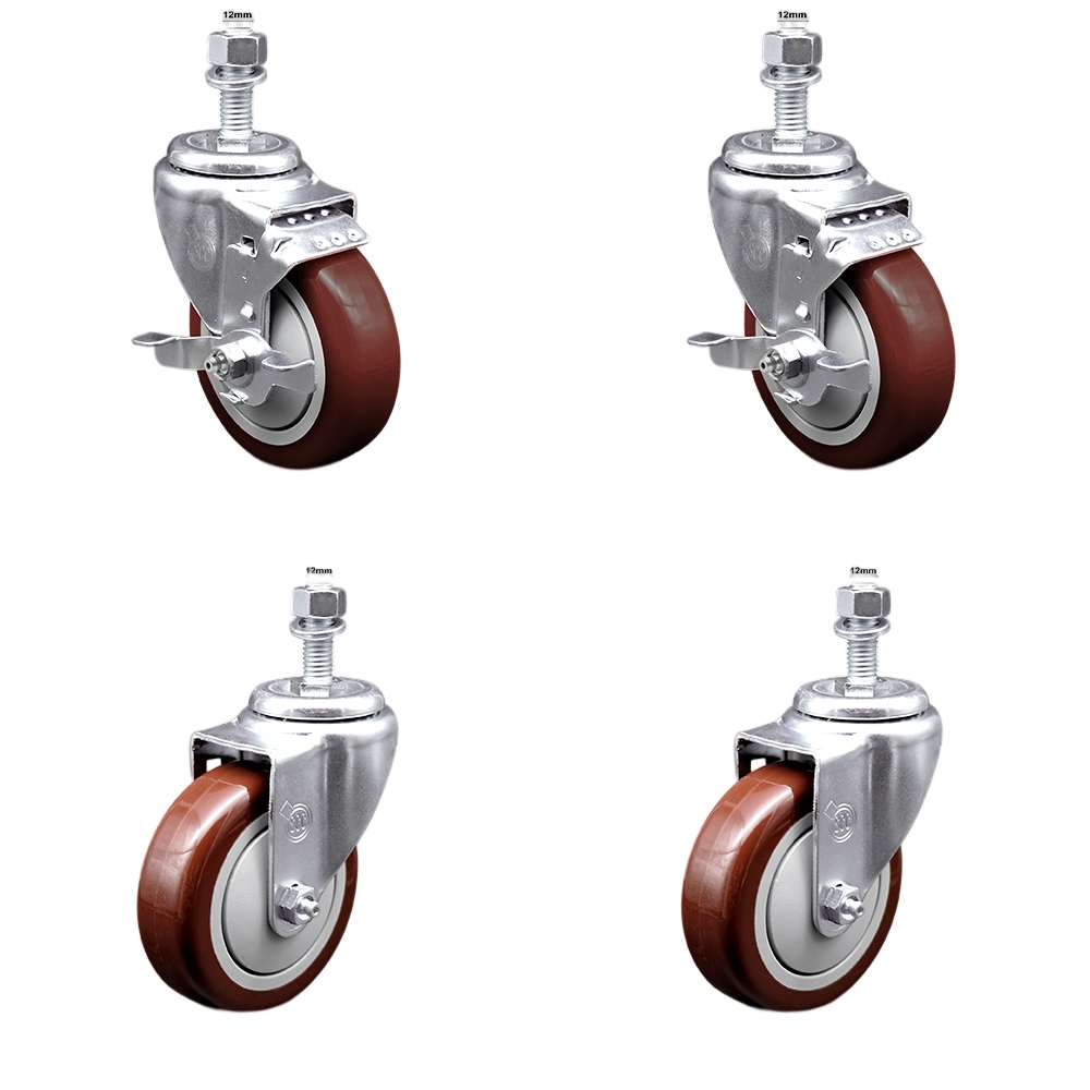 Stainless Steel Polyurethane Swivel Threaded Stem Caster with 4 x 1.25 in. Maroon Wheels & 12 mm Stems - Set of 4