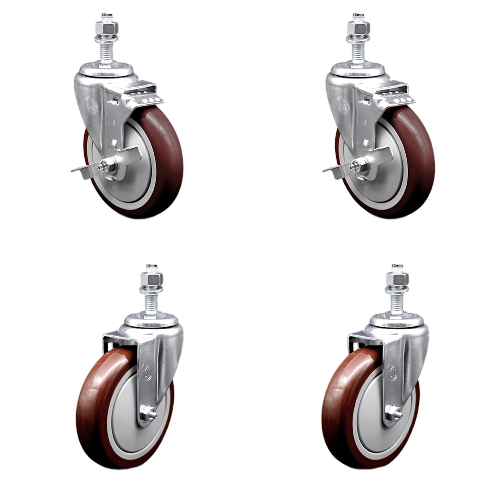 Stainless Steel Polyurethane Swivel Threaded Stem Caster with 5 x 1.25 in. Maroon Wheels & 12 mm Stems - Set of 4
