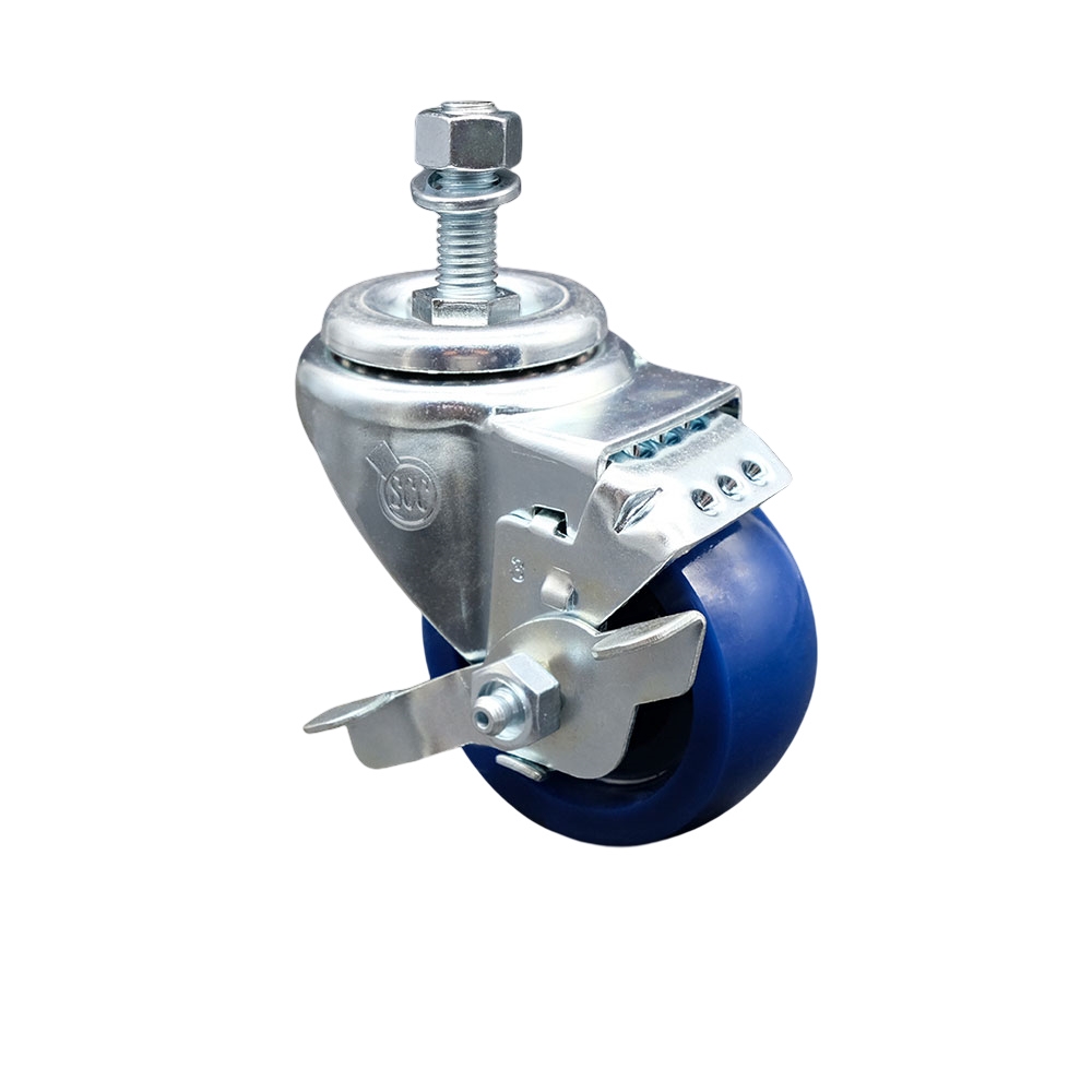 SCC-TS20S314-SPUS-TLB-121315 Solid Polyurethane Swivel Threaded Stem Caster with 3 x 1.25 in. Blue Wheel & 0.5 in. Stem & Top Locking Brake