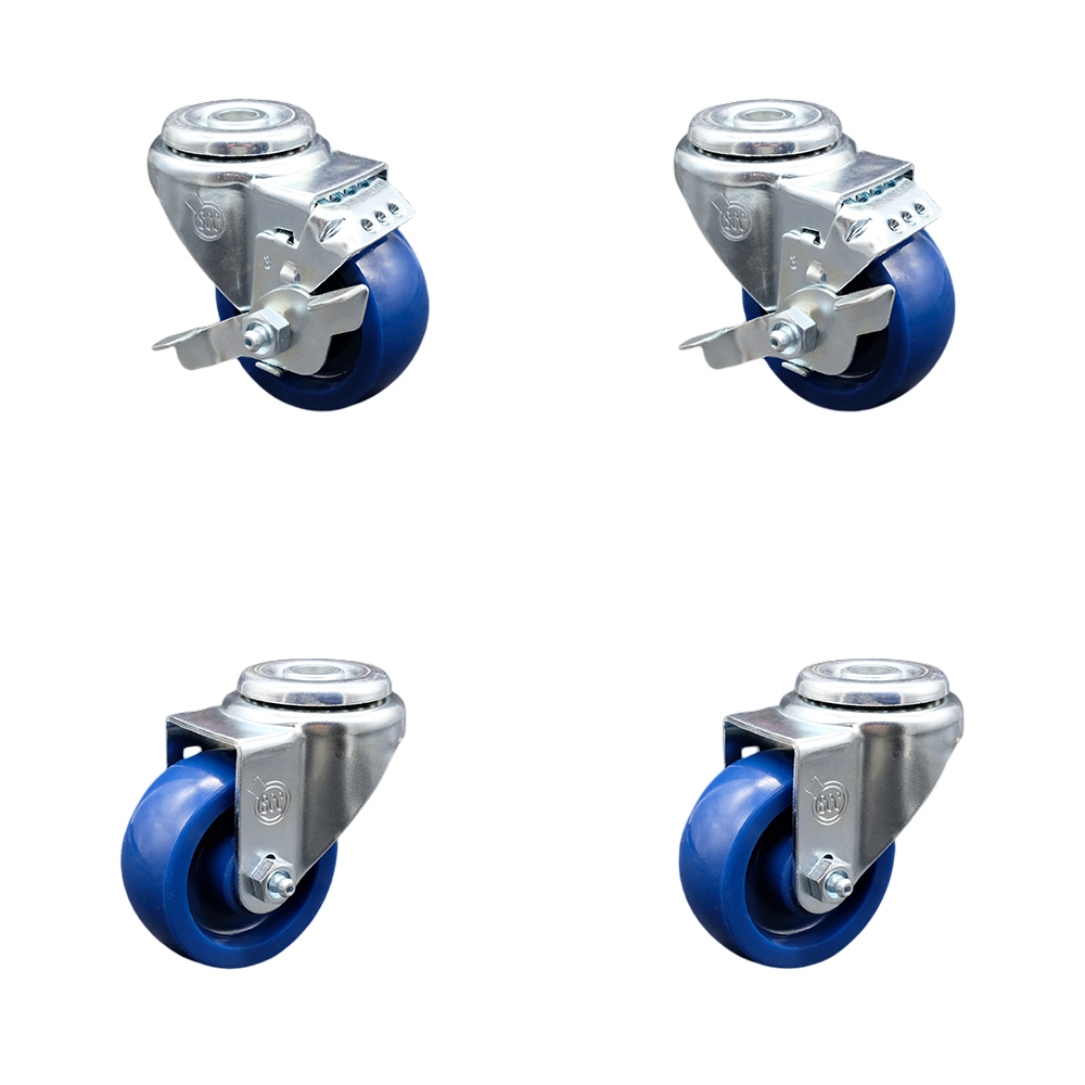 SCC-BH20S3514-SPUS-2-TLB-2 Solid Polyurethane Swivel Bolt Hole Caster with 3.5 x 1.25 in. Blue Wheels - Set of 4