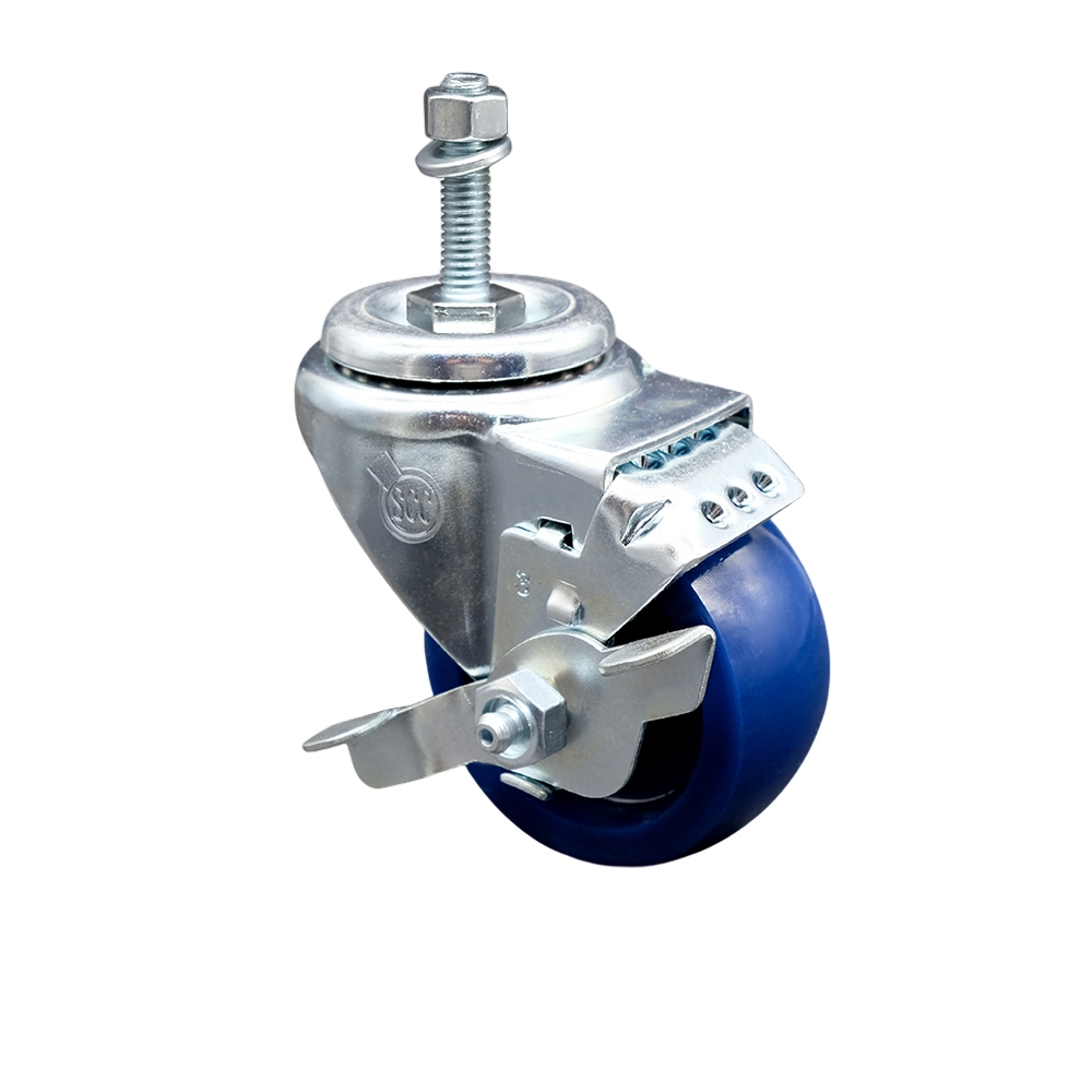 SCC-TS20S3514-SPUS-TLB-381615 Solid Polyurethane Swivel Threaded Stem Caster with 3.5 x 1.25 in. Blue Wheel & 0.38 in. Stem & Top Locking Brake