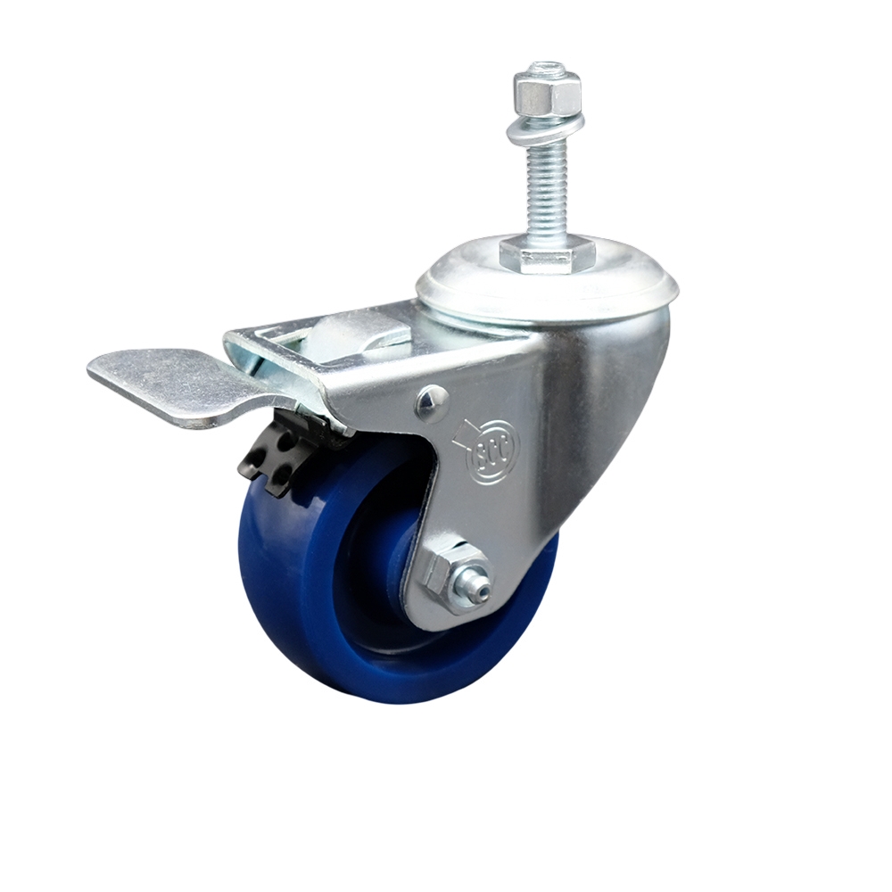 Stainless Steel Solid Polyurethane Swivel Threaded Stem Caster with 3.5 x 1.25 in. Blue Wheel & 10 mm Stem & Total Locking Brake
