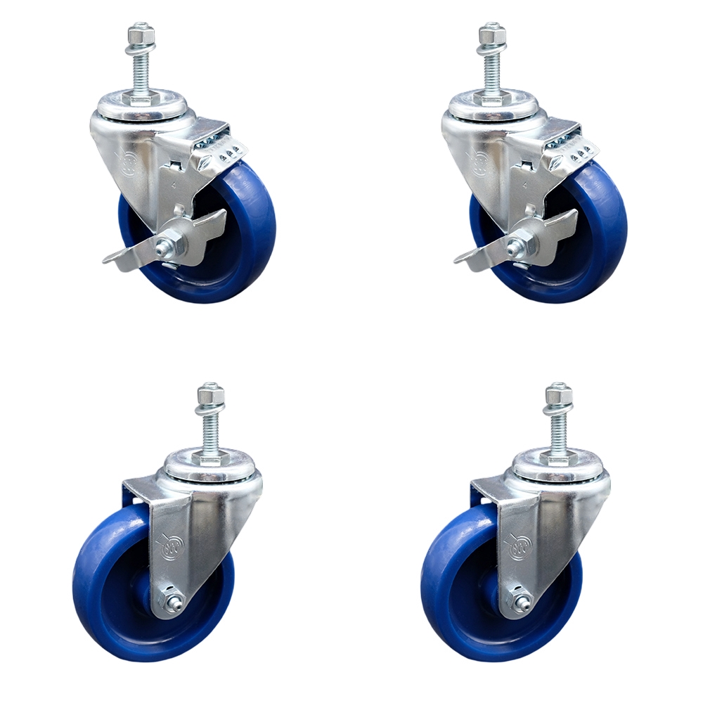 SCC-TS20S414-SPUS-381615-2-TLB-2 Solid Polyurethane Swivel Threaded Stem Caster with 4 x 1.25 in. Blue Wheels & 0.38 in. Stems - Set of 4