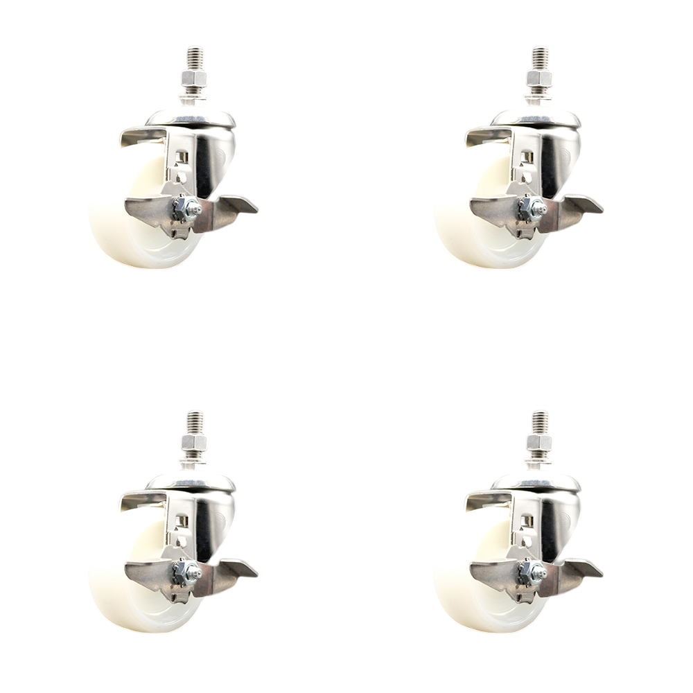 Nylon Swivel Stem Caster with 3 in. Caster Wheels, 12 mm Threaded Stems - 316 Stainless Steel Casters - Set of 4