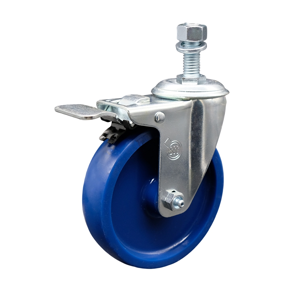Stainless Steel Solid Polyurethane Swivel Threaded Stem Caster with 5 x 1.25 in. Blue Wheel & 0.5 in. Stem & Total Locking Brake