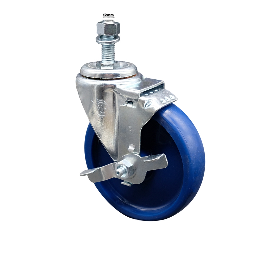 Stainless Steel Solid Polyurethane Swivel Threaded Stem Caster with 5 x 1.25 in. Blue Wheel & 12 mm Stem & Top Locking Brake
