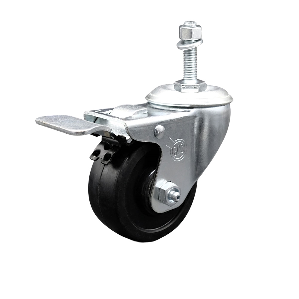 SCC-TSTTL20S314-SRS-381615 Soft Rubber Swivel Threaded Stem Caster with 3 x 1.25 in. Black Wheel & 0.38 in. Stem & Total Locking Brake
