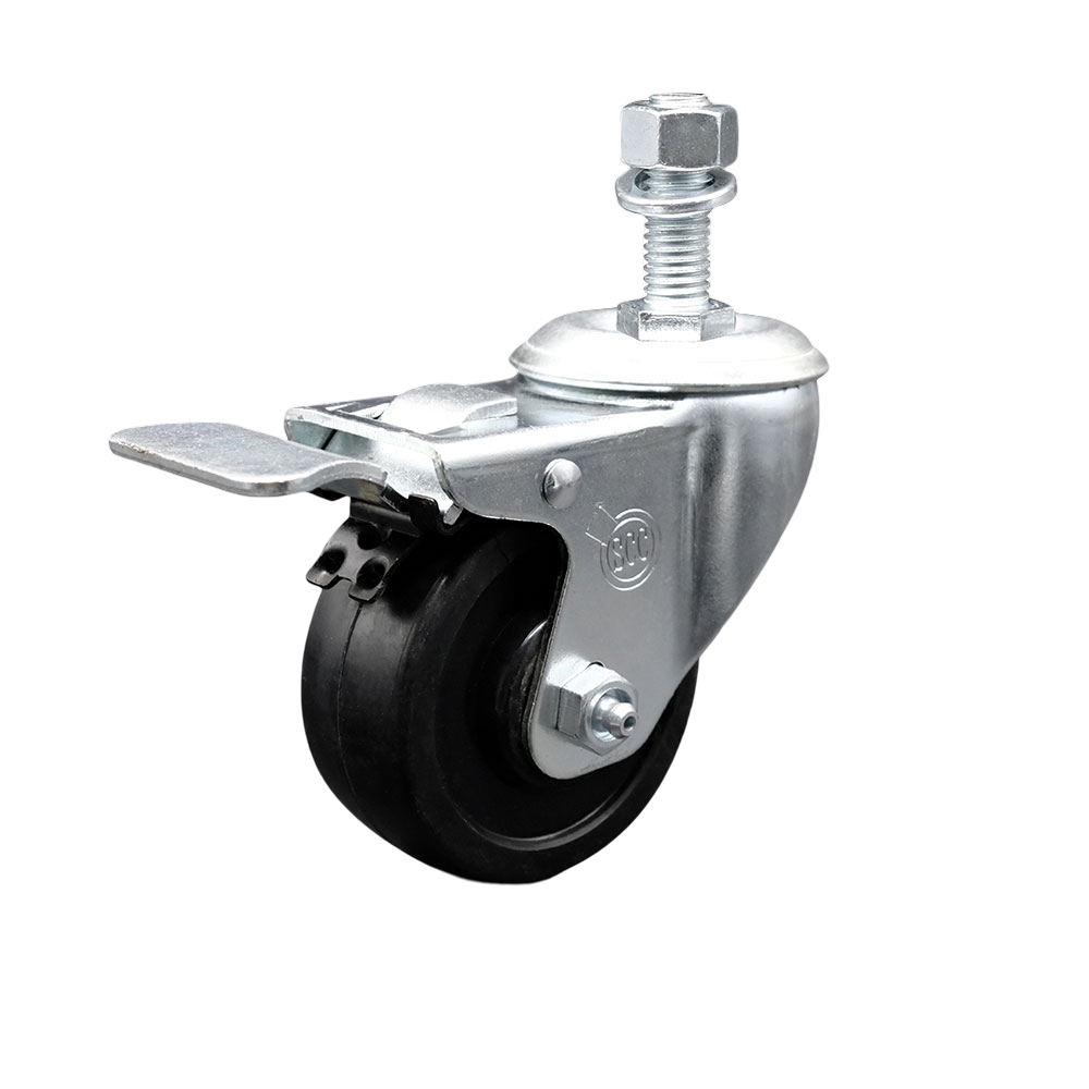 SCC-TSTTL20S314-SRS-M1215 Soft Rubber Swivel Threaded Stem Caster with 3 x 1.25 in. Black Wheel & 12 mm Stem & Total Locking Brake