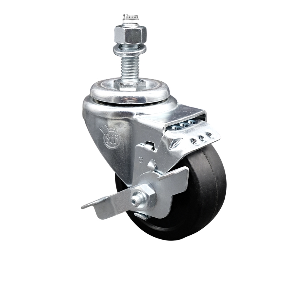 SCC-SSTS20S314-SRS-TLB-M1215 Stainless Steel Soft Rubber Swivel Threaded Stem Caster with 3 x 1.25 in. Black Wheel & 12 mm Stem & Top Locking Brake