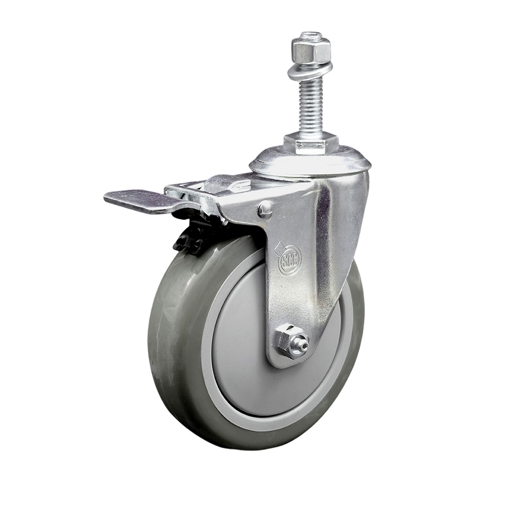 Stainless Steel Polyurethane Swivel Threaded Stem Caster with 5 x 1.25 in. Gray Wheel & 0.38 in. Stem & Total Locking Brake