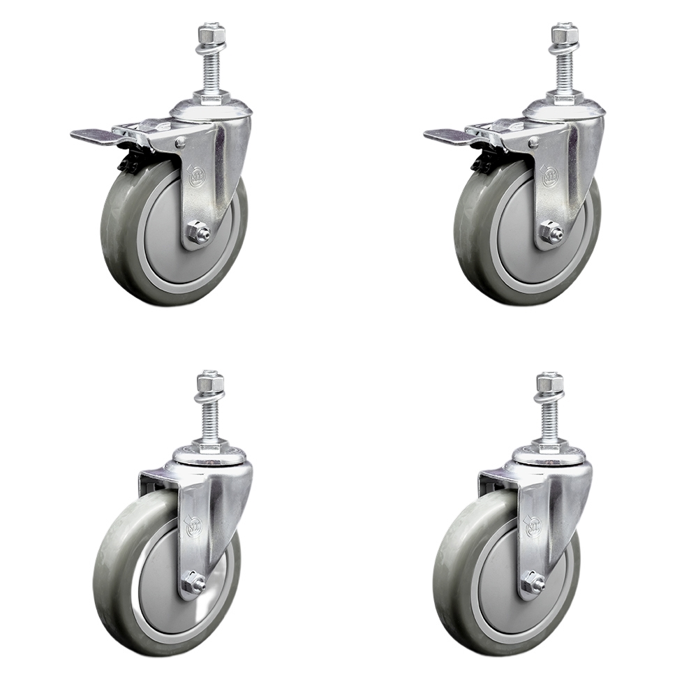 Stainless Steel Polyurethane Swivel Threaded Stem Caster with 5 x 1.25 in. Gray Wheels & 0.38 in. Stems - Set of 4