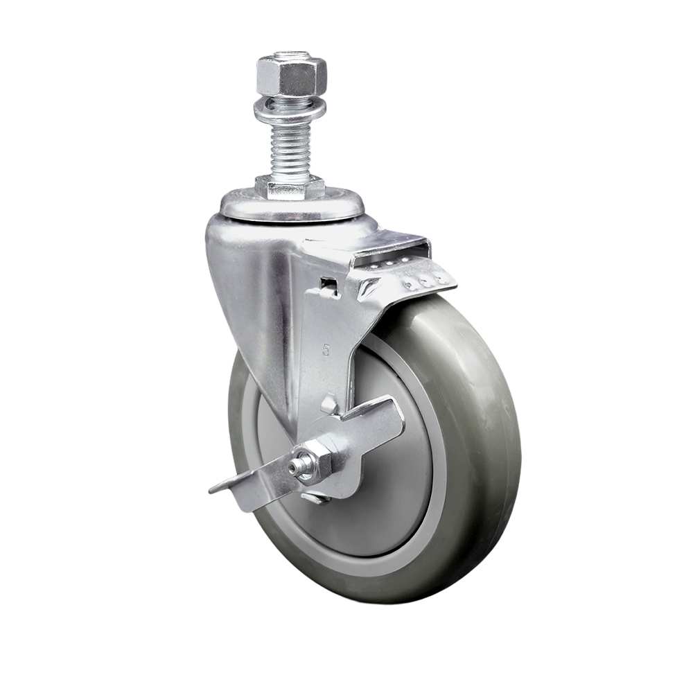 SCC-TS20S514-PPUB-TLB-M1215 Polyurethane Swivel Threaded Stem Caster with 5 x 1.25 in. Gray Wheel & 12 mm Stem & Top Locking Brake