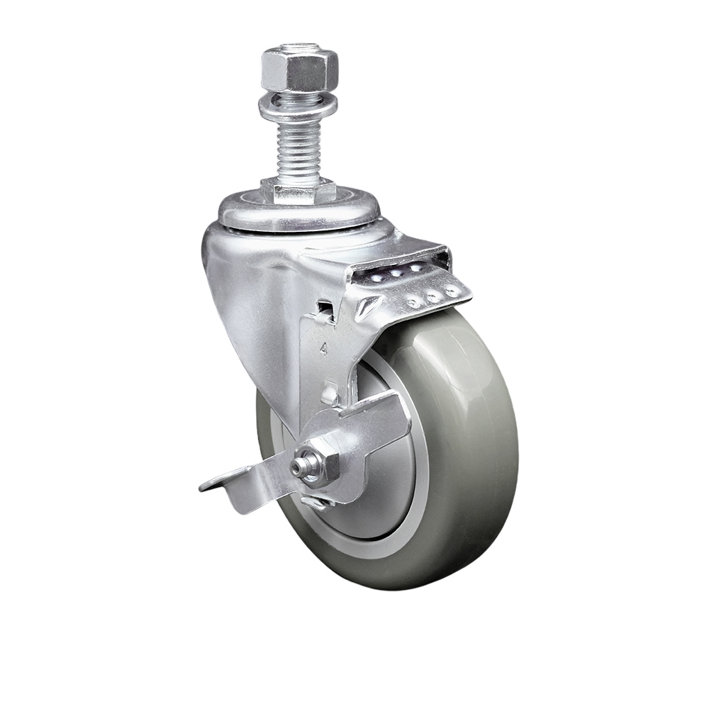 SCC-SSTS20S414-PPUB-TLB-M1215 Stainless Steel Polyurethane Swivel Threaded Stem Caster with 4 x 1.25 in. Gray Wheel & 12 mm Stem & Top Locking Brake