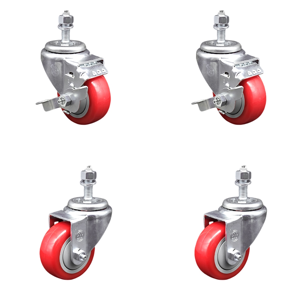 Stainless Steel Polyurethane Swivel Threaded Stem Caster with 3 x 1.25 in. Red Wheels & 0.5 in. Stems - Set of 4