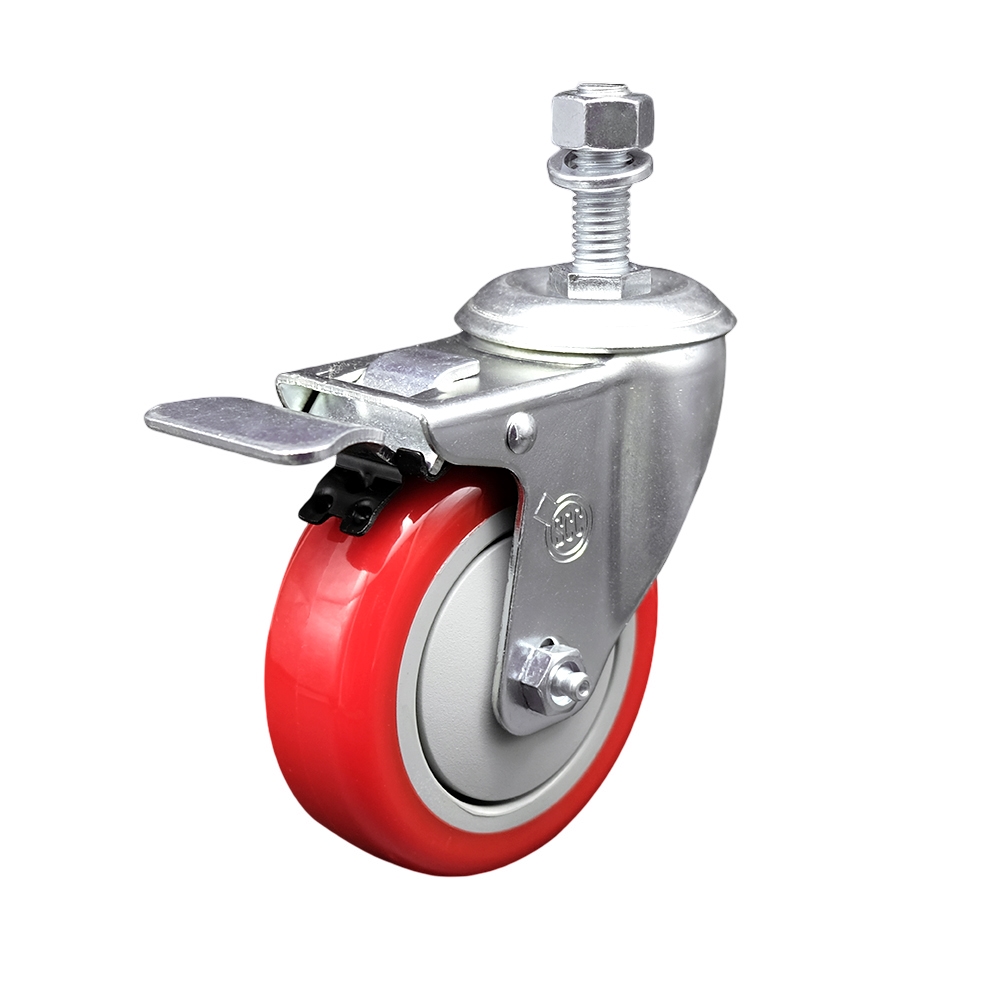 Stainless Steel Polyurethane Swivel Threaded Stem Caster with 4 x 1.25 in. Red Wheel & 0.5 in. Stem & Total Locking Brake
