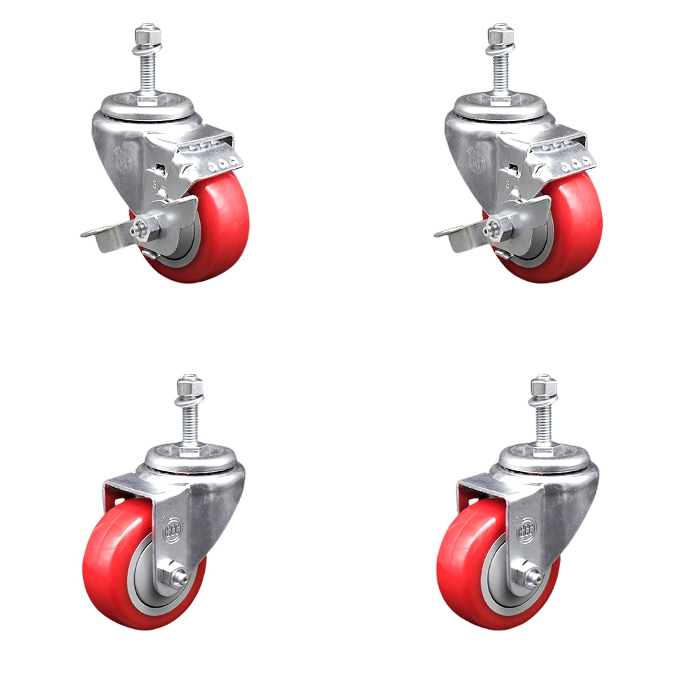 SCC-TS20S3514-PPUB-RED-TLB-381615-2-S-2 Polyurethane Swivel Threaded Stem Caster with 3.5 x 1.25 in. Red Wheels & 0.38 in. Stems - Set of 4