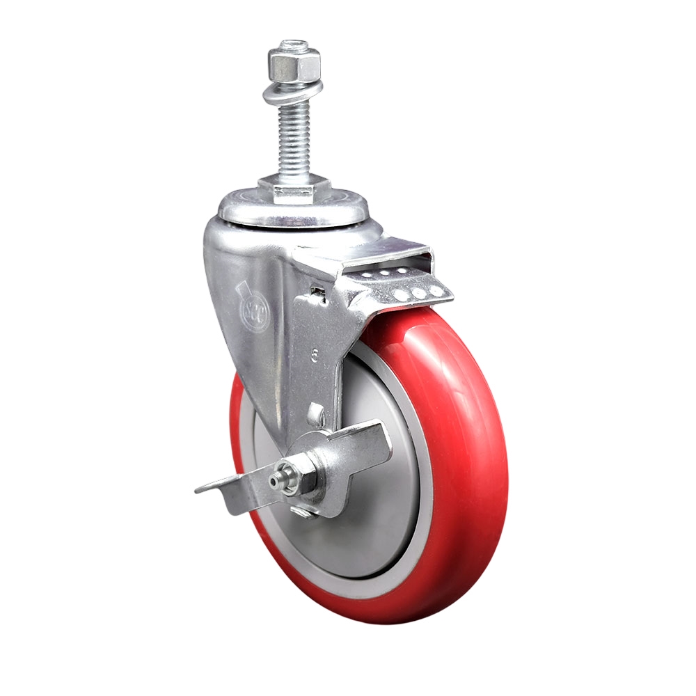 SCC-TS20S514-PPUB-RED-TLB-M1015 Polyurethane Swivel Threaded Stem Caster with 5 x 1.25 in. Red Wheel & 10 mm Stem & Top Locking Brake