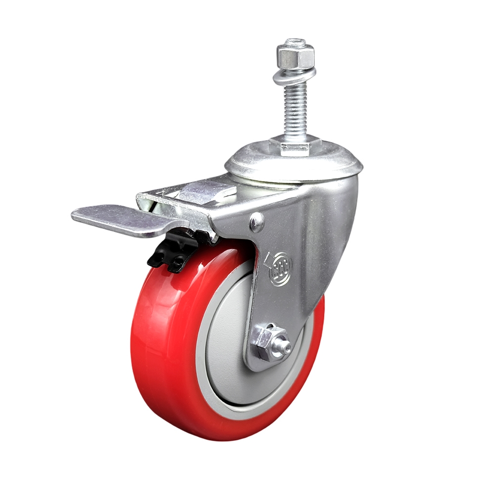 Stainless Steel Polyurethane Swivel Threaded Stem Caster with 4 x 1.25 in. Red Wheel & 10 mm Stem & Total Locking Brake