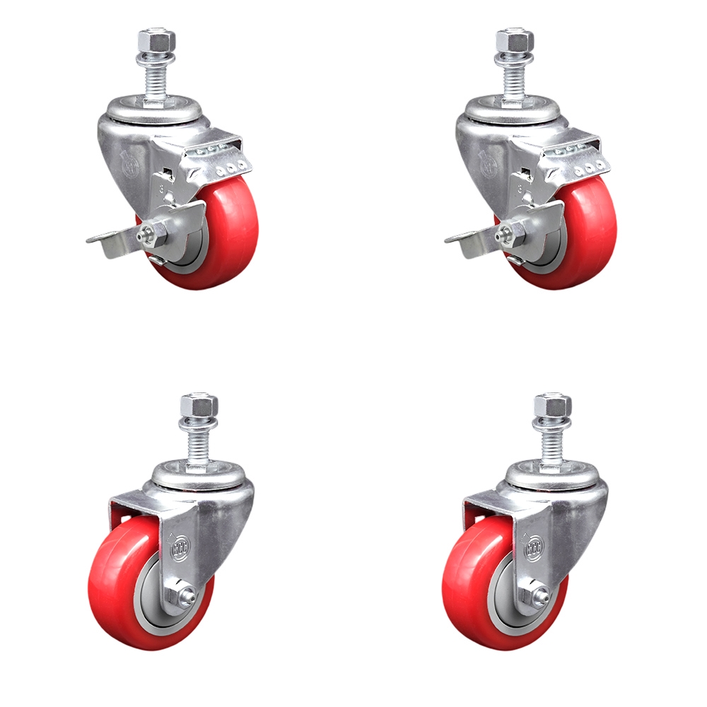 SCC-TS20S314-PPUB-RED-TLB-M1215-2-S-2 Polyurethane Swivel Threaded Stem Caster with 3 x 1.25 in. Red Wheels & 12 mm Stems - Set of 4