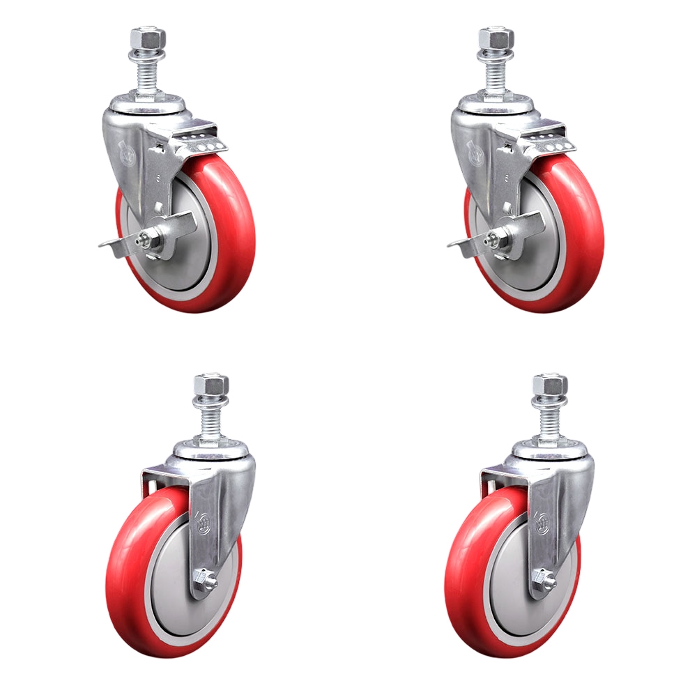 SCC-TS20S514-PPUB-RED-TLB-M1215-2-S-2 Polyurethane Swivel Threaded Stem Caster with 5 x 1.25 in. Red Wheels & 12 mm Stems - Set of 4