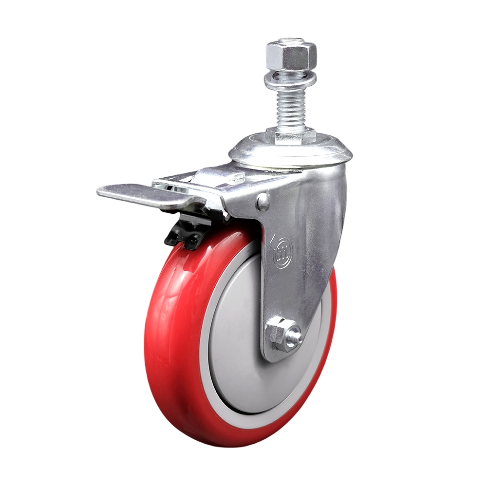 Stainless Steel Polyurethane Swivel Threaded Stem Caster with 5 x 1.25 in. Red Wheel & 12 mm Stem & Total Locking Brake