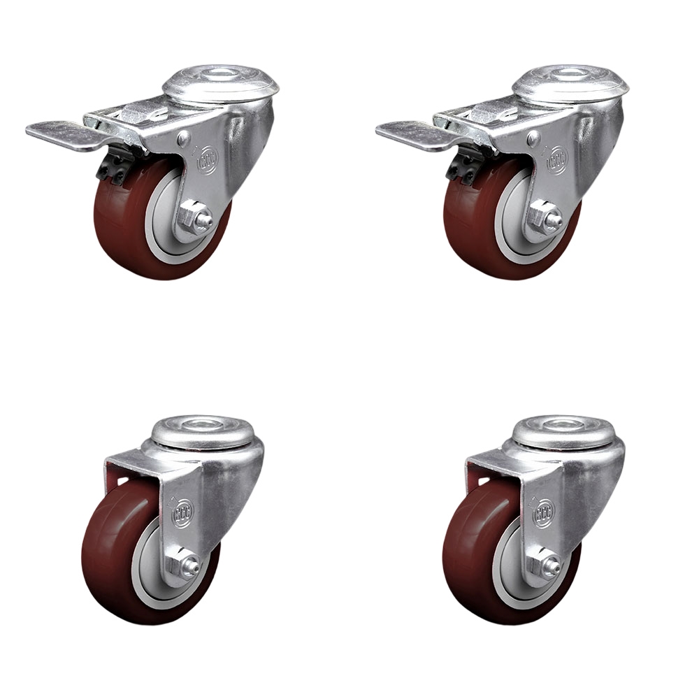 SCC-BHTTL20S3514-PPUB-MRN-2-S-2 Polyurethane Swivel Bolt Hole Caster with 3.5 x 1.25 in. Maroon Wheels - Set of 4