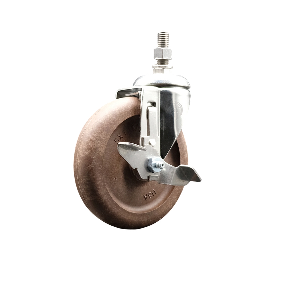 High Temperature Glass Filled Nylon Swivel Stem Caster with 5 in. Brown Caster Wheel & Top Lock Brake, - 316 Stainless Steel Caster