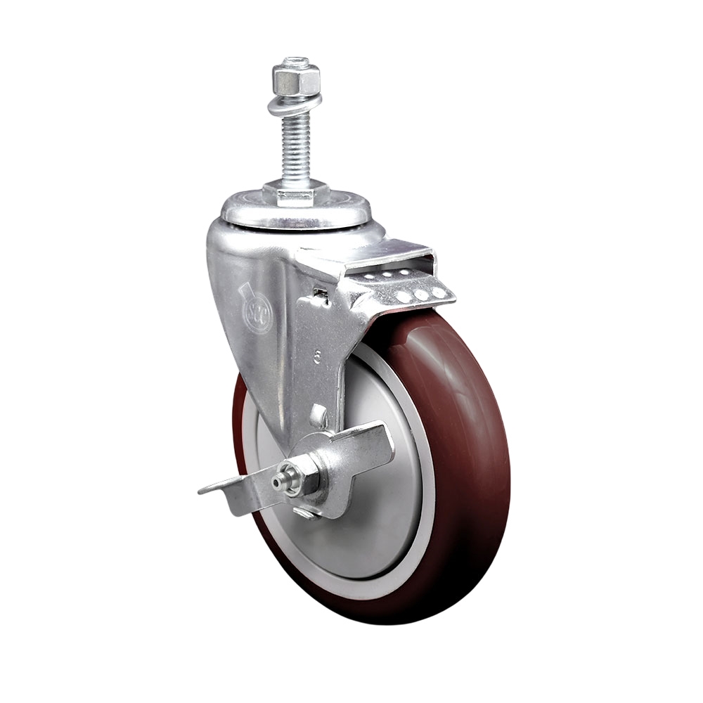 SCC-TS20S514-PPUB-MRN-TLB-381615 Polyurethane Swivel Threaded Stem Caster with 5 x 1.25 in. Maroon Wheel & 0.38 in. Stem & Top Locking Brake
