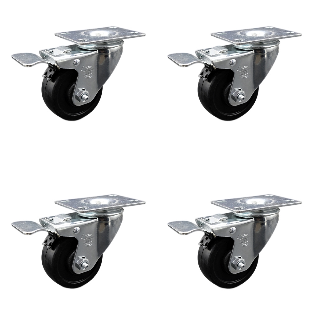 SCC-TTL20S314-SRS-4 Soft Rubber Swivel Top Plate Caster with 3 in. Black Wheels - Set of 4
