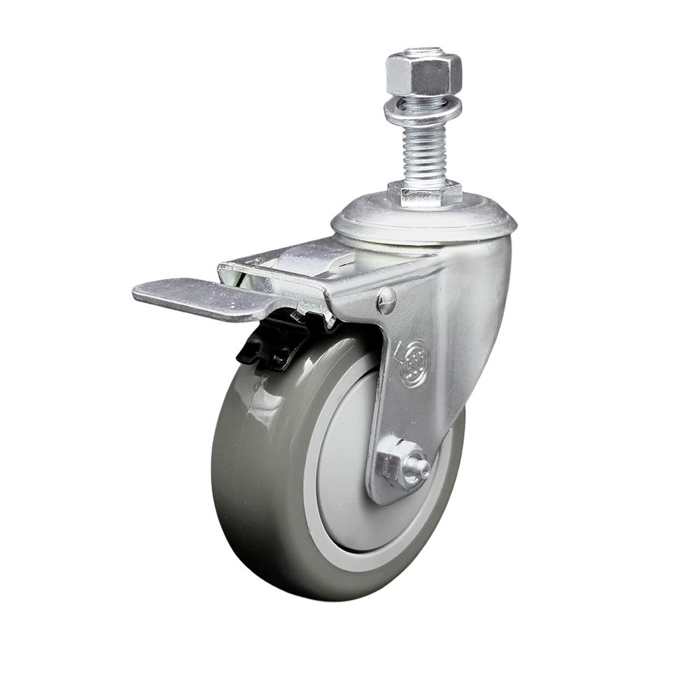 Stainless Steel Polyurethane Swivel Threaded Stem Caster with 4 x 1.25 in. Gray Wheel & 0.5 in. Stem & Total Locking Brake