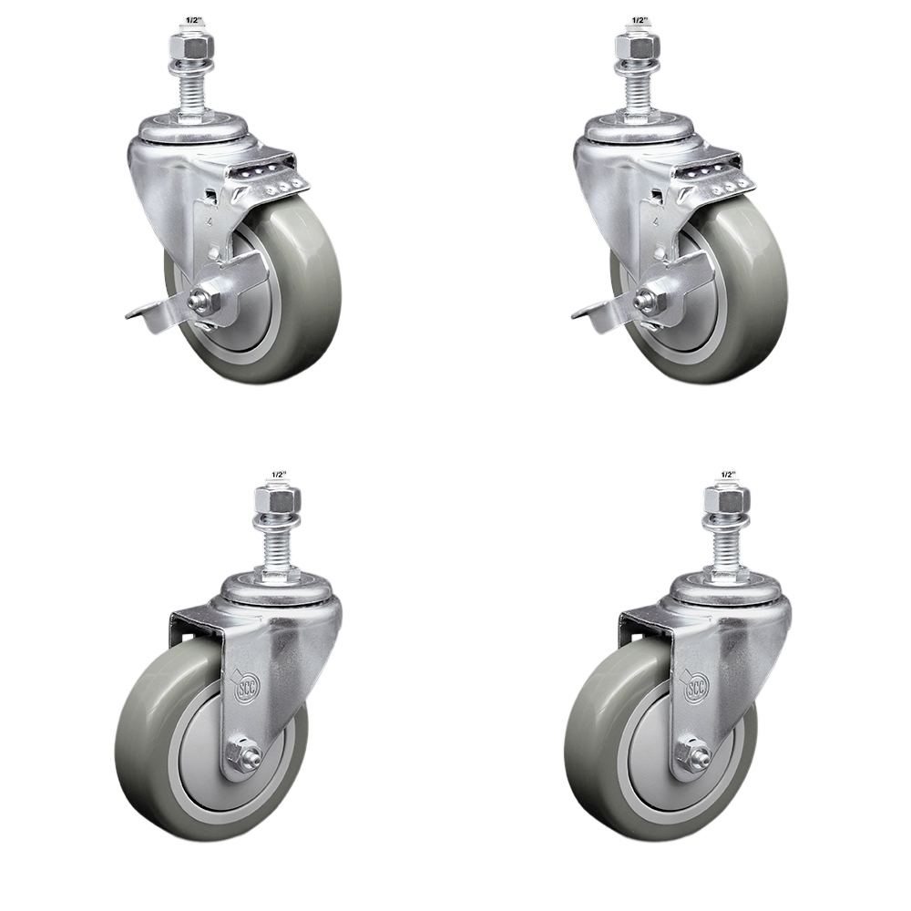 Stainless Steel Polyurethane Swivel Threaded Stem Caster with 4 x 1.25 in. Gray Wheels & 0.5 in. Stems - Set of 4