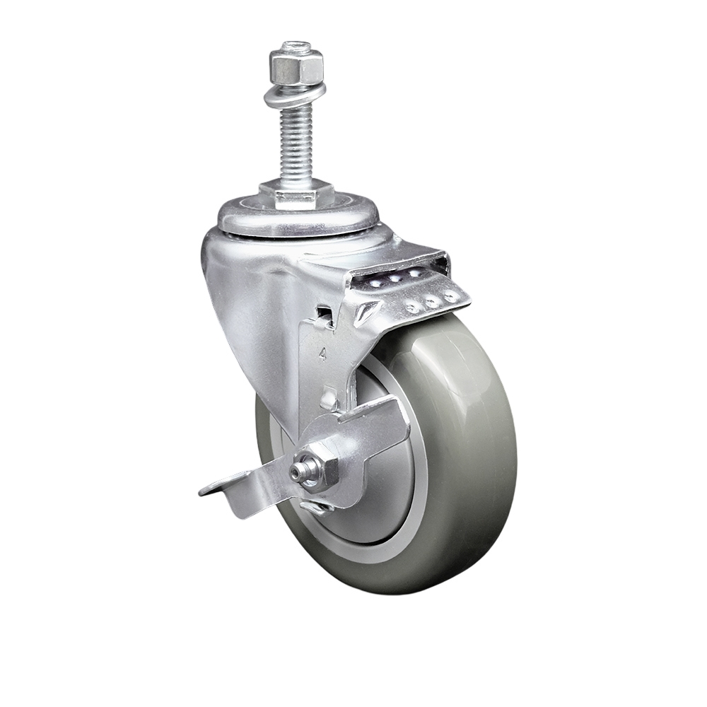 SCC-TS20S414-PPUB-TLB-381615 Polyurethane Swivel Threaded Stem Caster with 4 x 1.25 in. Gray Wheel & 0.38 in. Stem & Top Locking Brake