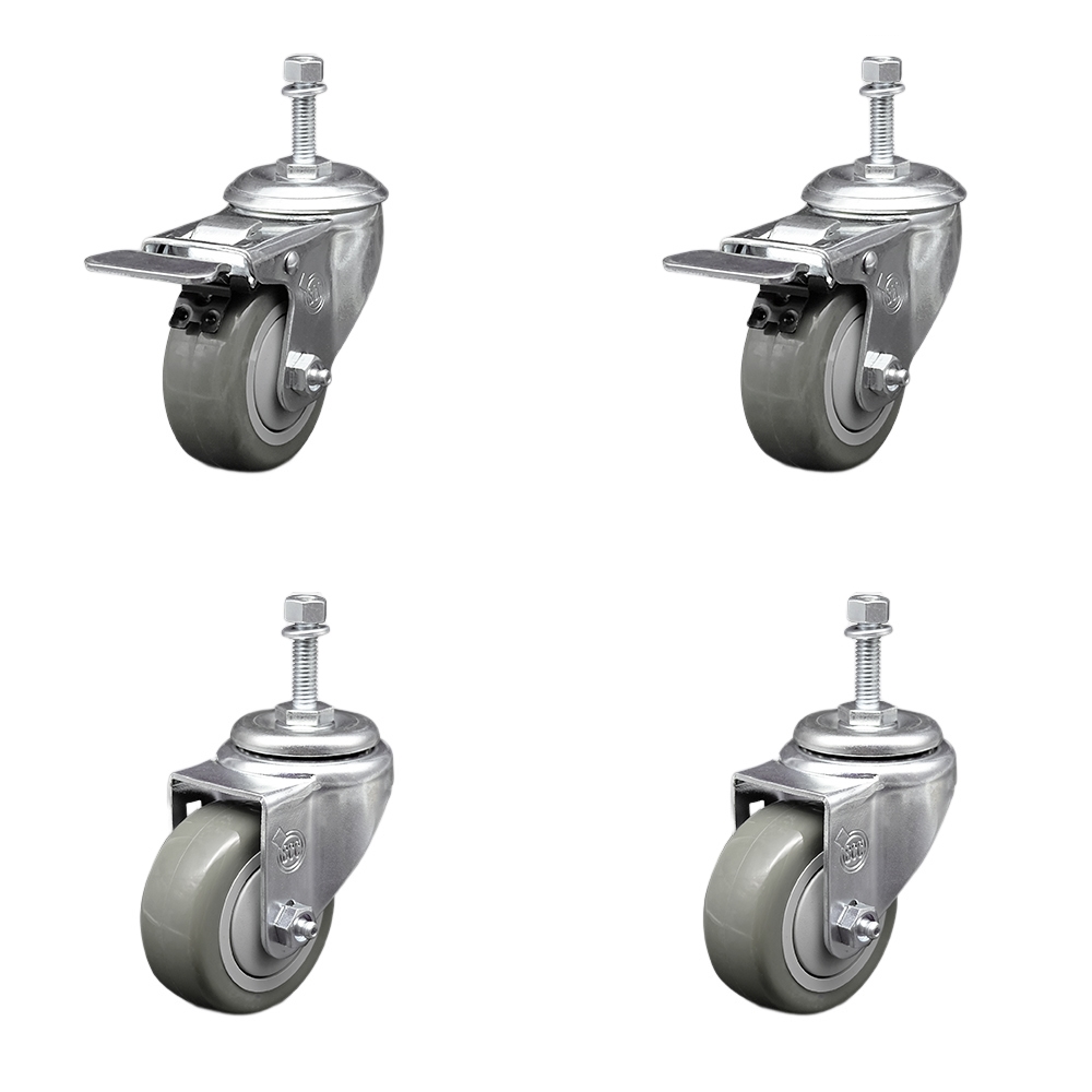 SCC-SSTSTTL20S3514-PPUB-M1015-2-S-2 Stainless Steel Polyurethane Swivel Threaded Stem Caster with 3.5 x 1.25 in. Gray Wheels & 10 mm Stems - Set of 4