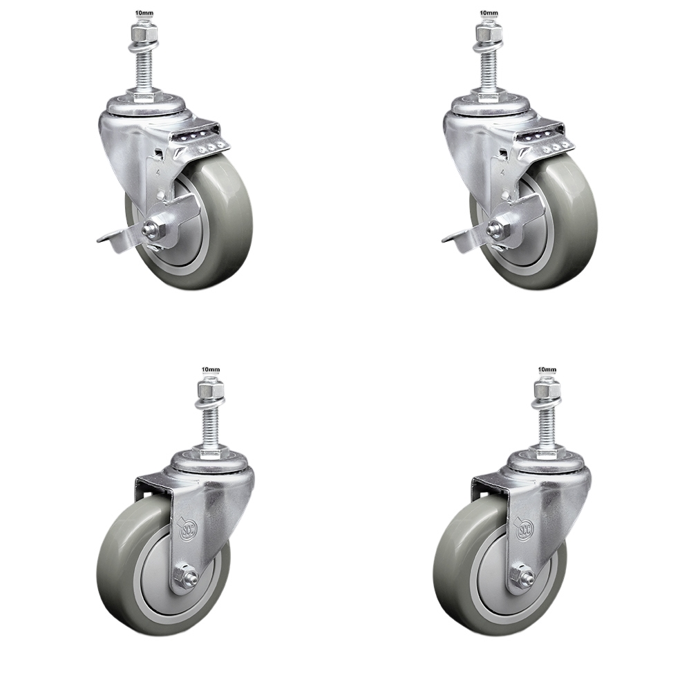 SCC-SSTS20S414-PPUB-TLB-M1015-2-S-2 Stainless Steel Polyurethane Swivel Threaded Stem Caster with 4 x 1.25 in. Gray Wheels & 10 mm Stems - Set of 4