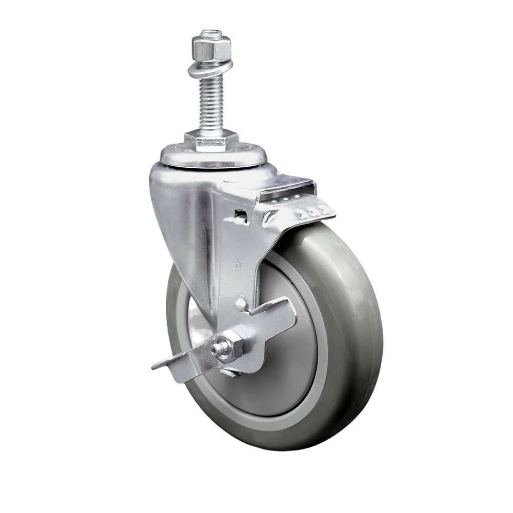 SCC-SSTS20S514-PPUB-TLB-M1015 Stainless Steel Polyurethane Swivel Threaded Stem Caster with 5 x 1.25 in. Gray Wheel & 10 mm Stem & Top Locking Brake