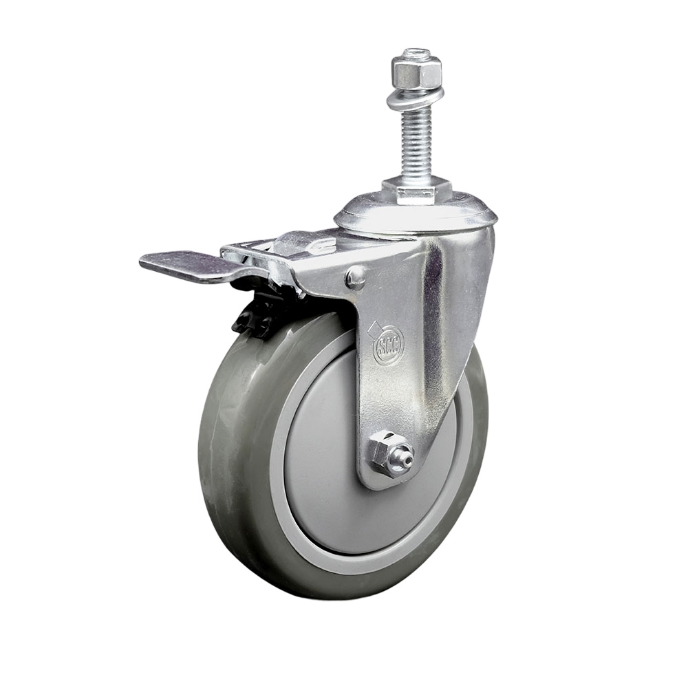 SCC-SSTSTTL20S514-PPUB-M1015 Stainless Steel Polyurethane Swivel Threaded Stem Caster with 5 x 1.25 in. Gray Wheel & 10 mm Stem & Total Locking Brake